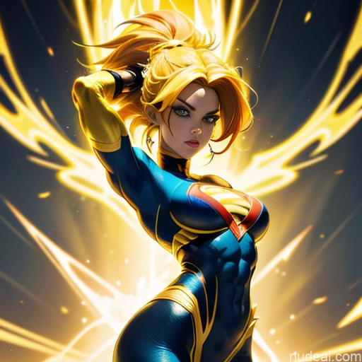 ai nude image of pics of Super Saiyan Superhero Muscular Busty Abs Powering Up Superheroine Science Fiction Style Neon Lights Clothes: Yellow