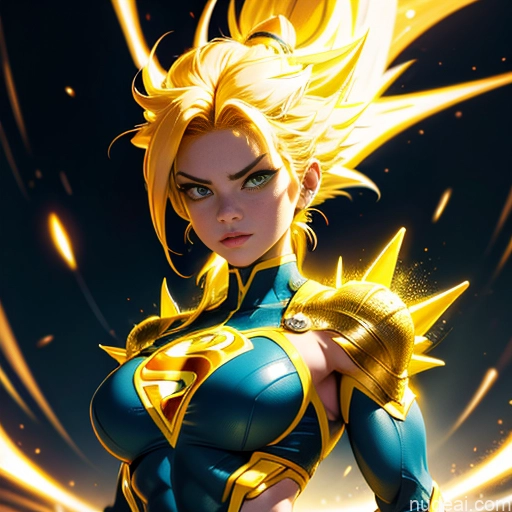 ai nude image of pics of Super Saiyan Superhero Muscular Busty Abs Powering Up Superheroine Science Fiction Style Neon Lights Clothes: Yellow