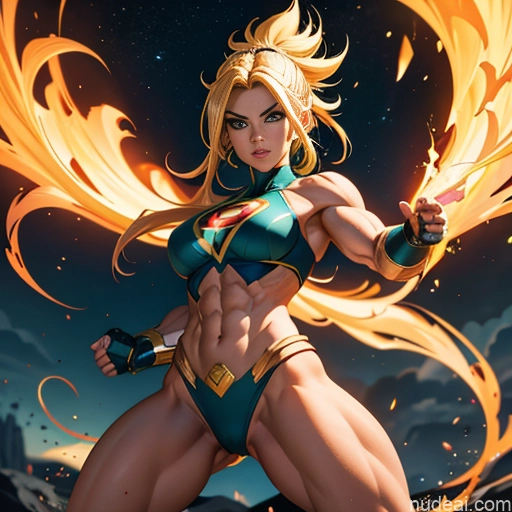 ai nude image of pics of Superhero Muscular Busty Abs Powering Up Superheroine Super Saiyan 3