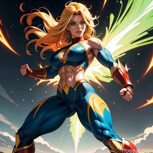 ai nude image of pics of Superhero Muscular Busty Abs Powering Up Superheroine Super Saiyan 3