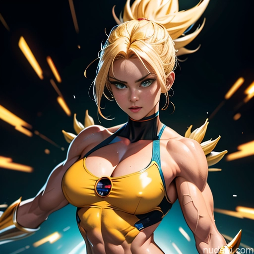 ai nude image of pics of Superhero Muscular Busty Abs Powering Up Superheroine Super Saiyan 3 Blonde Science Fiction Style