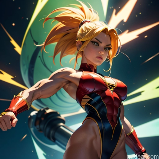 ai nude image of pics of Superhero Muscular Busty Abs Powering Up Science Fiction Style Super Saiyan Cosplay Bodybuilder