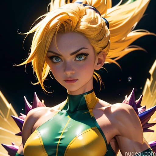 ai nude image of pics of Superhero Muscular Busty Abs Powering Up Science Fiction Style Super Saiyan Cosplay Bodybuilder