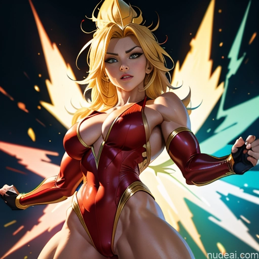 ai nude image of pics of Superhero Muscular Busty Abs Powering Up Science Fiction Style Super Saiyan Cosplay Bodybuilder Super Saiyan 3