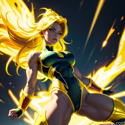 ai nude image of pics of Muscular Busty Abs Powering Up Science Fiction Style Super Saiyan Super Saiyan 3 Superheroine Superhero Neon Lights Clothes: Yellow