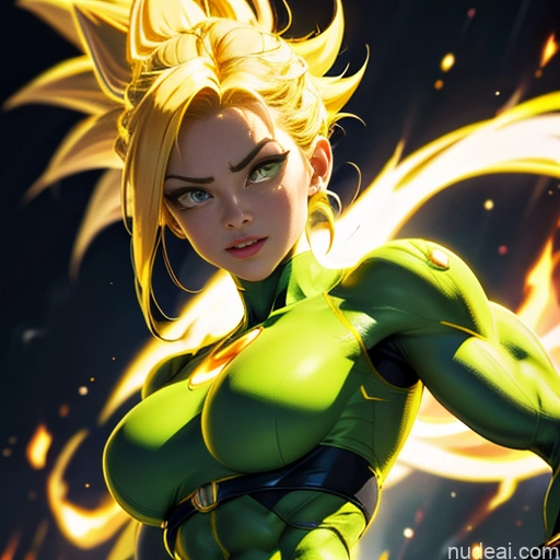 ai nude image of pics of Muscular Busty Abs Powering Up Science Fiction Style Super Saiyan Super Saiyan 3 Superheroine Superhero Neon Lights Clothes: Yellow