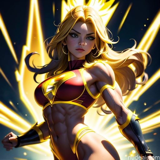 ai nude image of pics of Muscular Busty Abs Powering Up Science Fiction Style Super Saiyan Super Saiyan 3 Superheroine Superhero Neon Lights Clothes: Yellow