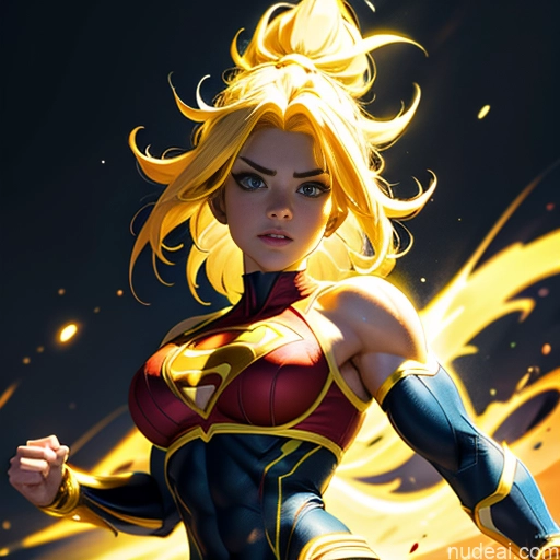 ai nude image of pics of Muscular Busty Abs Powering Up Science Fiction Style Super Saiyan Super Saiyan 3 Superheroine Superhero Neon Lights Clothes: Yellow