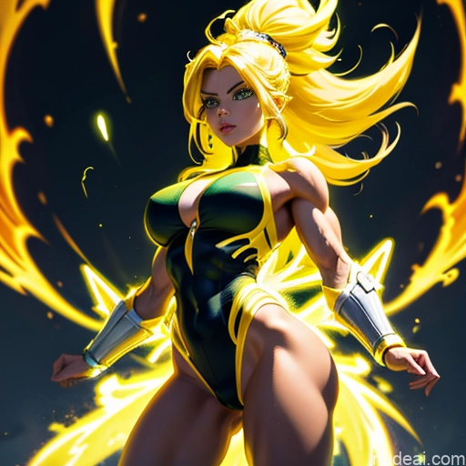 ai nude image of pics of Muscular Busty Abs Powering Up Science Fiction Style Super Saiyan Super Saiyan 3 Superhero Neon Lights Clothes: Yellow