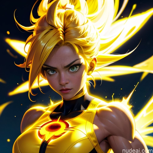 ai nude image of pics of Muscular Busty Abs Powering Up Science Fiction Style Super Saiyan Super Saiyan 3 Superhero Neon Lights Clothes: Yellow