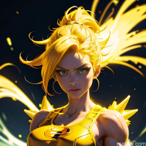 ai nude image of pics of Muscular Busty Abs Powering Up Science Fiction Style Super Saiyan Super Saiyan 3 Superhero Neon Lights Clothes: Yellow Superheroine Regal