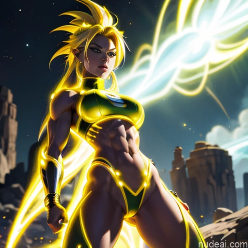 ai nude image of pics of Muscular Busty Abs Powering Up Science Fiction Style Super Saiyan Super Saiyan 3 Superhero Neon Lights Clothes: Yellow Superheroine Regal