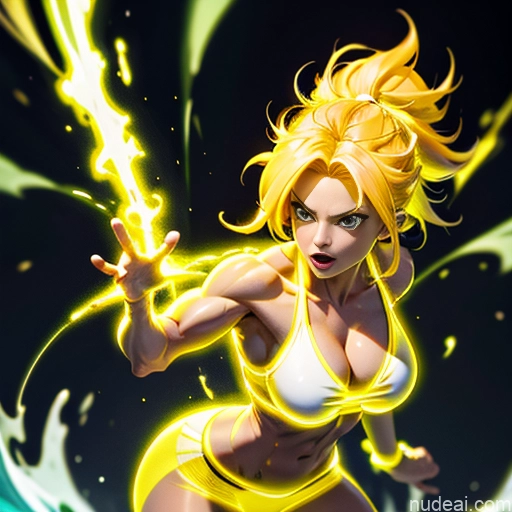 ai nude image of pics of Muscular Busty Abs Powering Up Science Fiction Style Super Saiyan Super Saiyan 3 Neon Lights Clothes: Yellow