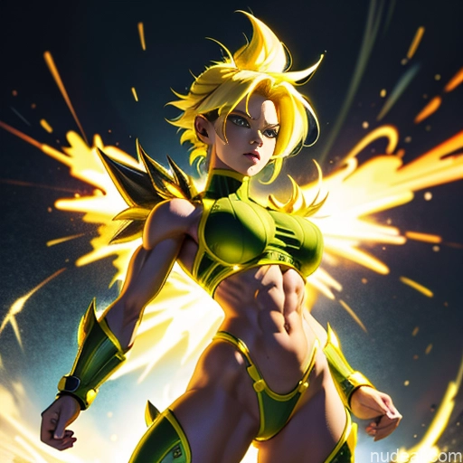 ai nude image of pics of Muscular Busty Abs Powering Up Science Fiction Style Super Saiyan Super Saiyan 3 Neon Lights Clothes: Yellow