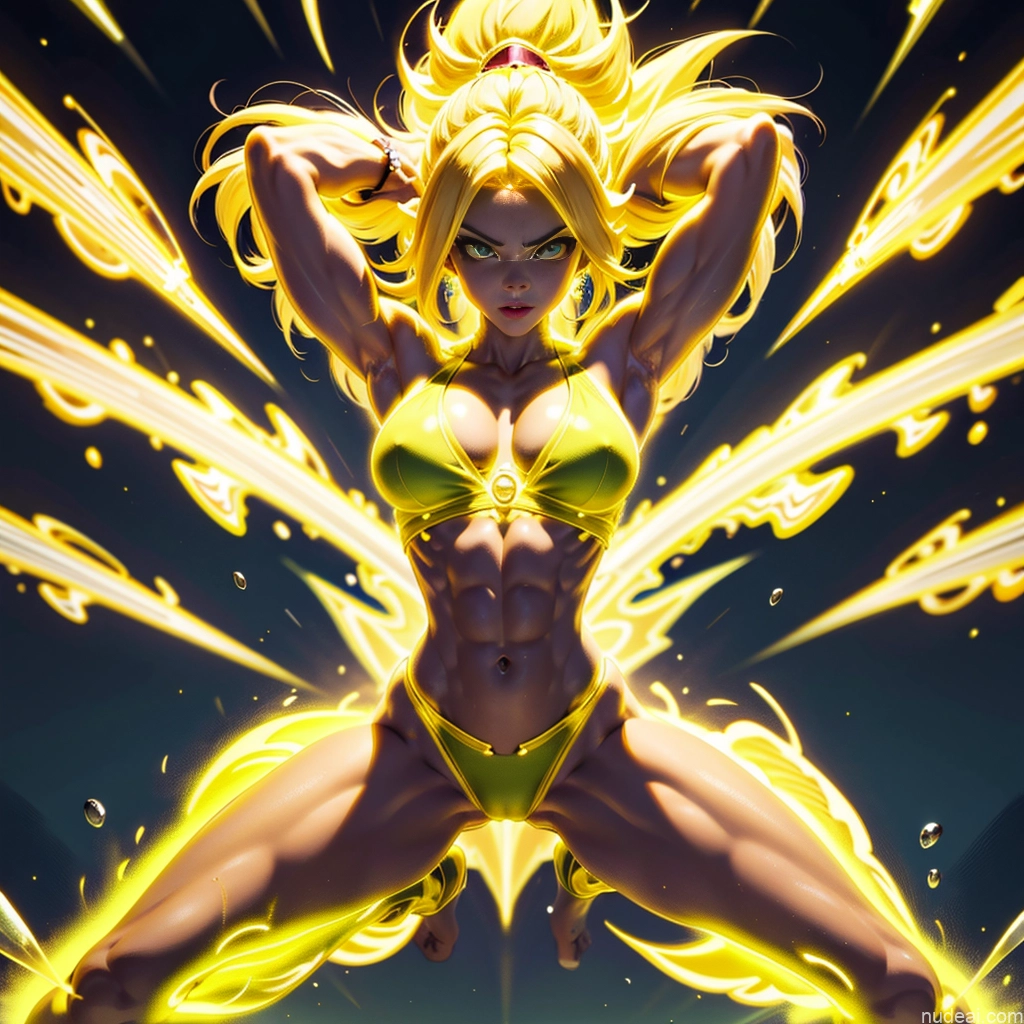 ai nude image of pics of Muscular Busty Abs Powering Up Science Fiction Style Super Saiyan Super Saiyan 3 Neon Lights Clothes: Yellow Regal