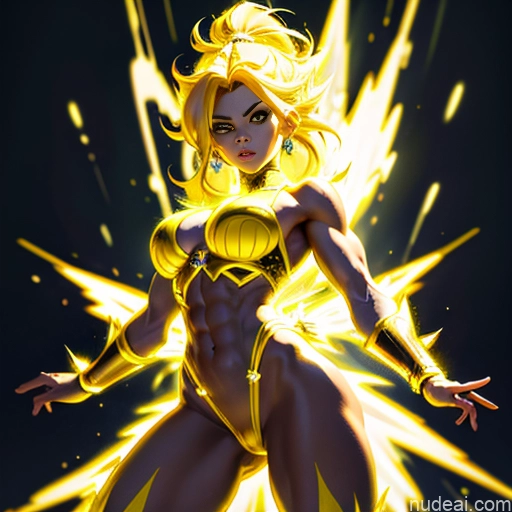 ai nude image of pics of Muscular Busty Abs Powering Up Science Fiction Style Super Saiyan Super Saiyan 3 Neon Lights Clothes: Yellow Regal