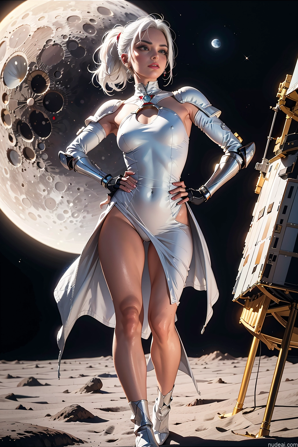 related ai porn images free for Milf One Small Tits Lipstick Long Legs 20s Pouting Lips White Hair Ponytail White Painting Moon Front View Dress Fantasy Armor Sci-fi Armor Space Suit Dark Lighting Jewelry