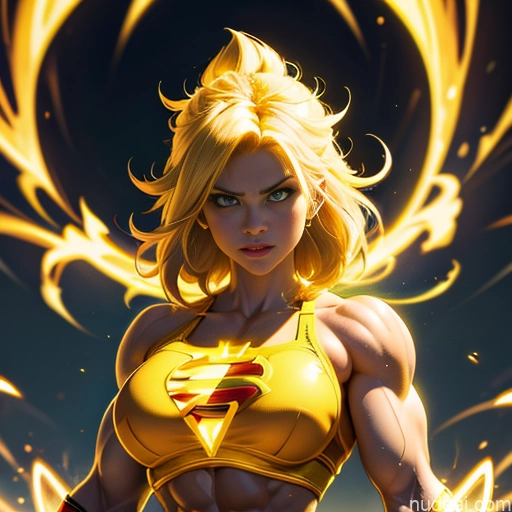 related ai porn images free for Busty Muscular Abs Super Saiyan Superhero Powering Up Neon Lights Clothes: Yellow Superheroine