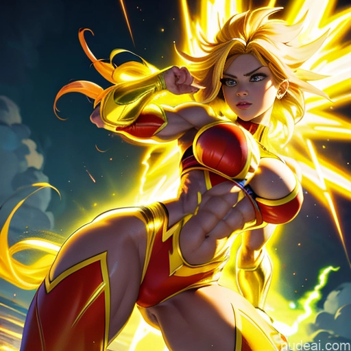 related ai porn images free for Busty Muscular Abs Super Saiyan Superhero Powering Up Neon Lights Clothes: Yellow Superheroine