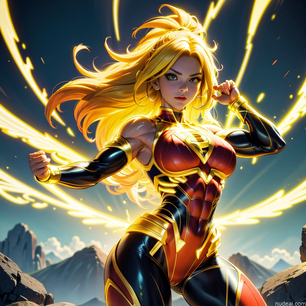 related ai porn images free for Busty Muscular Abs Super Saiyan Superhero Powering Up Neon Lights Clothes: Yellow Superheroine