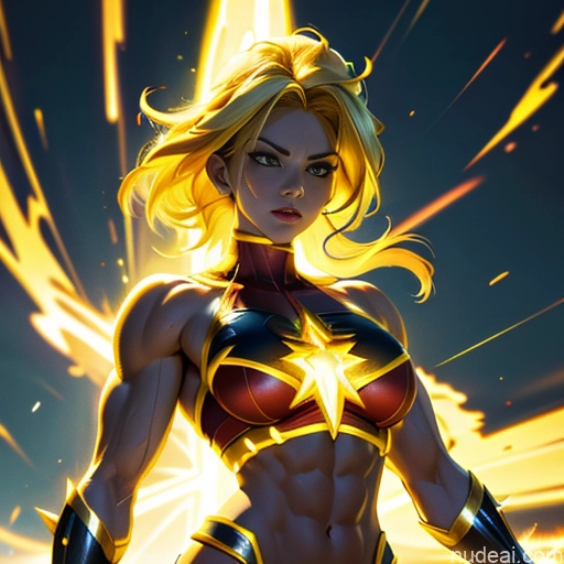 related ai porn images free for Busty Muscular Abs Super Saiyan Superhero Powering Up Neon Lights Clothes: Yellow Superheroine