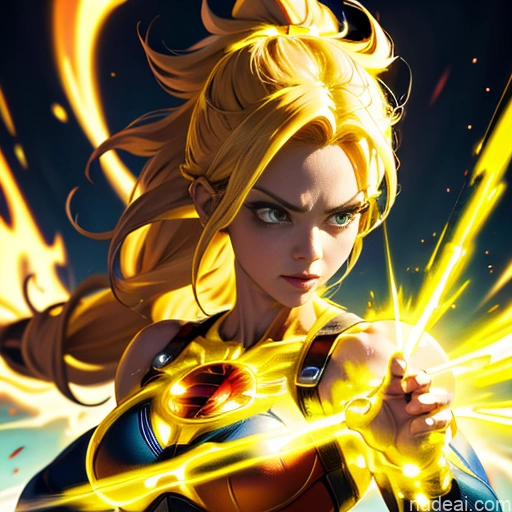 related ai porn images free for Busty Muscular Abs Super Saiyan Superhero Powering Up Neon Lights Clothes: Yellow Superheroine