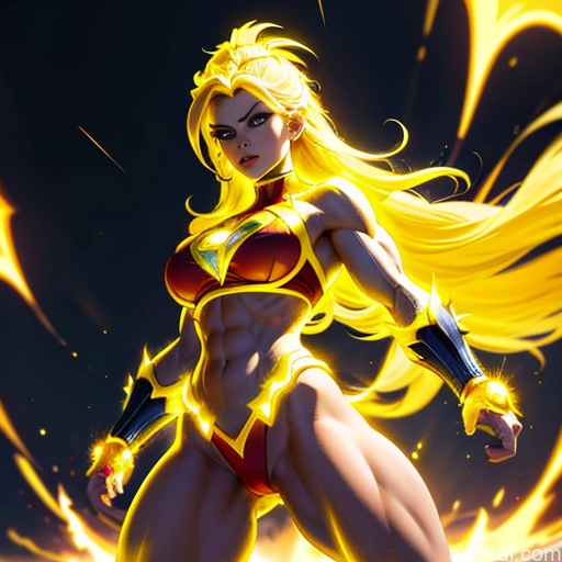 related ai porn images free for Busty Muscular Abs Superhero Powering Up Neon Lights Clothes: Yellow Superheroine Super Saiyan 3