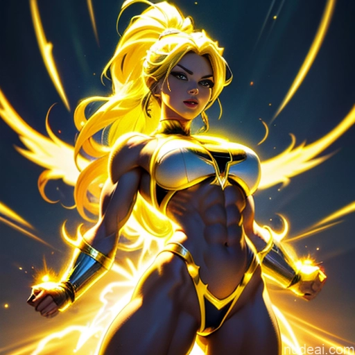 related ai porn images free for Busty Muscular Abs Superhero Powering Up Neon Lights Clothes: Yellow Superheroine Super Saiyan Regal