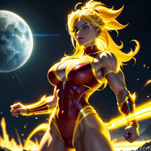 related ai porn images free for Busty Muscular Abs Superhero Powering Up Neon Lights Clothes: Yellow Superheroine Super Saiyan 3