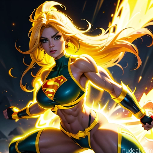 related ai porn images free for Busty Muscular Abs Superhero Powering Up Neon Lights Clothes: Yellow Superheroine Super Saiyan 3