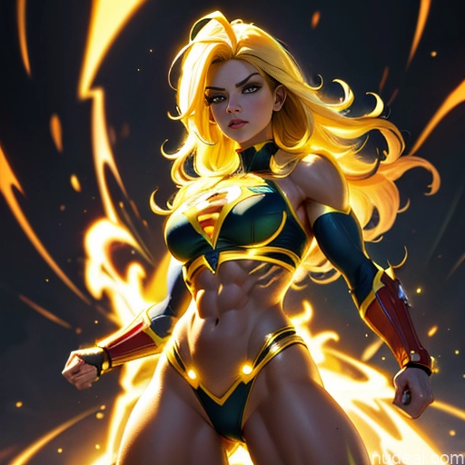 related ai porn images free for Busty Muscular Abs Superhero Powering Up Neon Lights Clothes: Yellow Superheroine Super Saiyan 3