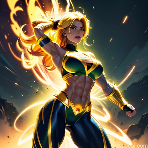 related ai porn images free for Busty Muscular Abs Superhero Powering Up Neon Lights Clothes: Yellow Superheroine Super Saiyan 3