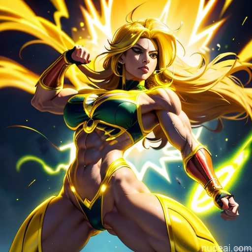 related ai porn images free for Busty Muscular Abs Superhero Powering Up Neon Lights Clothes: Yellow Superheroine Super Saiyan 3