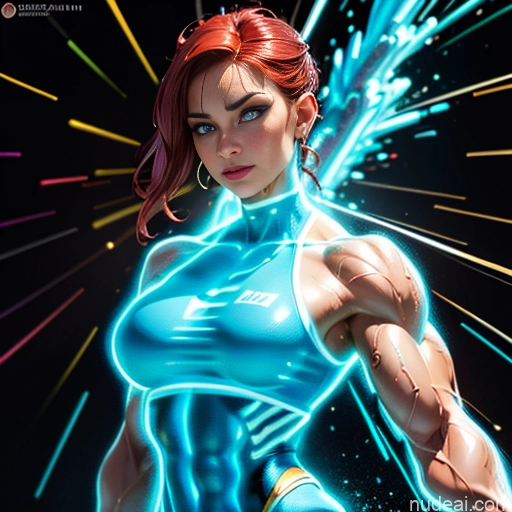 Israel Jewish Busty Muscular Abs Superhero Bodybuilder Neon Lights Clothes: Blue Powering Up Shower