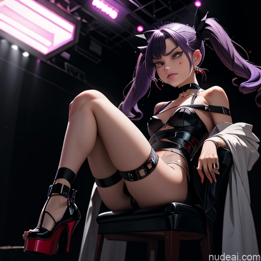 ai nude image of pics of Small Tits 18 Sad Purple Hair Pigtails Angst Stage Choker Bdsm High Heels Dark Lighting Detailed Kidnapped-bdsm-willing Partner Two Spreading Legs