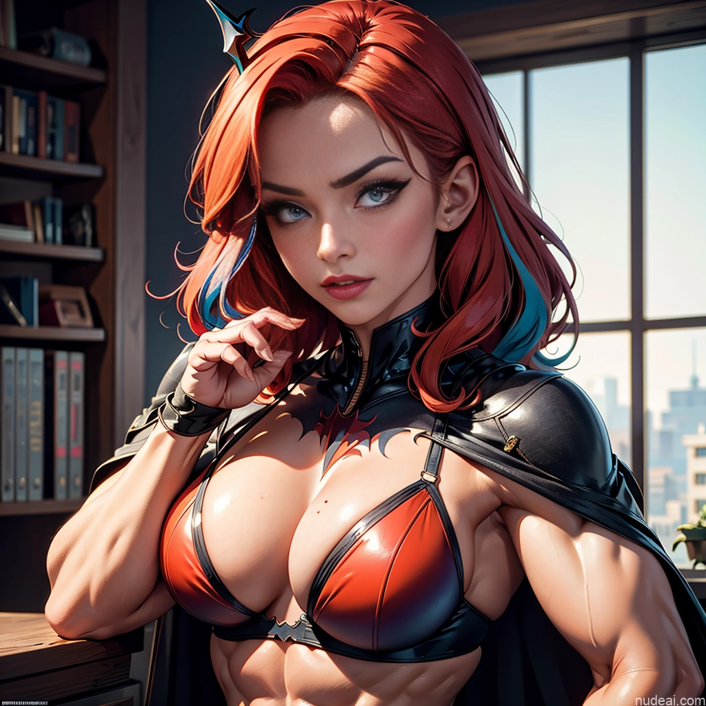 Batwoman Busty Abs Neon Lights Clothes: Red Regal Bodybuilder Muscular