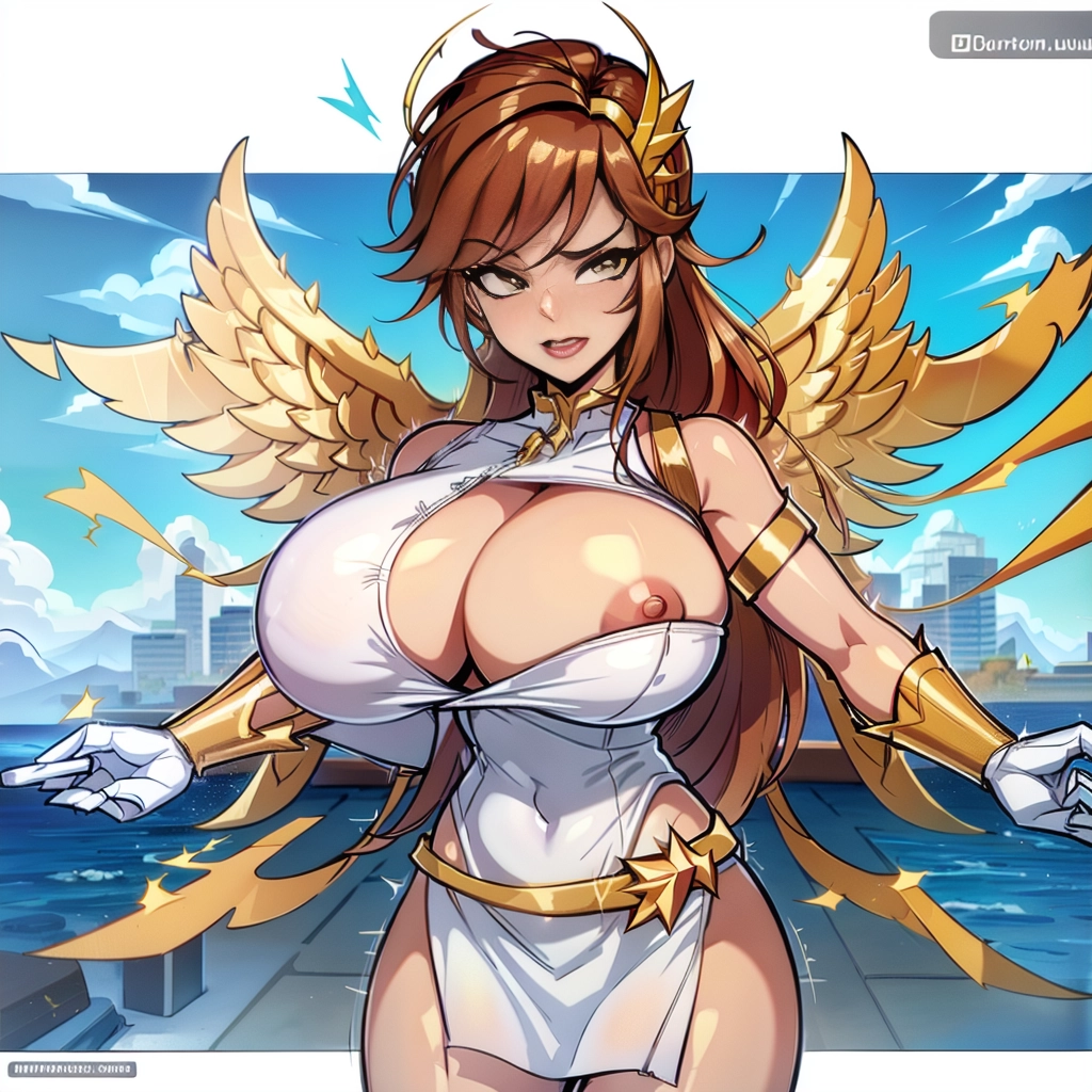 ai nude image of pics of Muscular Abs Superhero Captain Marvel Batwoman Hawkgirl Mary Thunderbolt Spider-Gwen Busty Powering Up Power Rangers Captain Planet Superheroine SuperMecha: A-Mecha Musume A素体机娘 Menstoga, White Robes, In White And Gold Costumem, Gold Headpiece, Gold Belt, Gold Chain Huge Boobs Perfect Boobs Science Fiction Style Dynamic View Heat Vision Shower