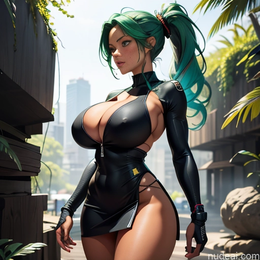 ai nude image of pics of Busty Huge Boobs Muscular Big Ass Abs Tanned Skin Big Hips Long Legs Tall Athlete 18 Front View Green Hair Ponytail Skin Detail (beta) Detailed Cleavage Partially Nude Topless Transparent Micro Skirt Mesh