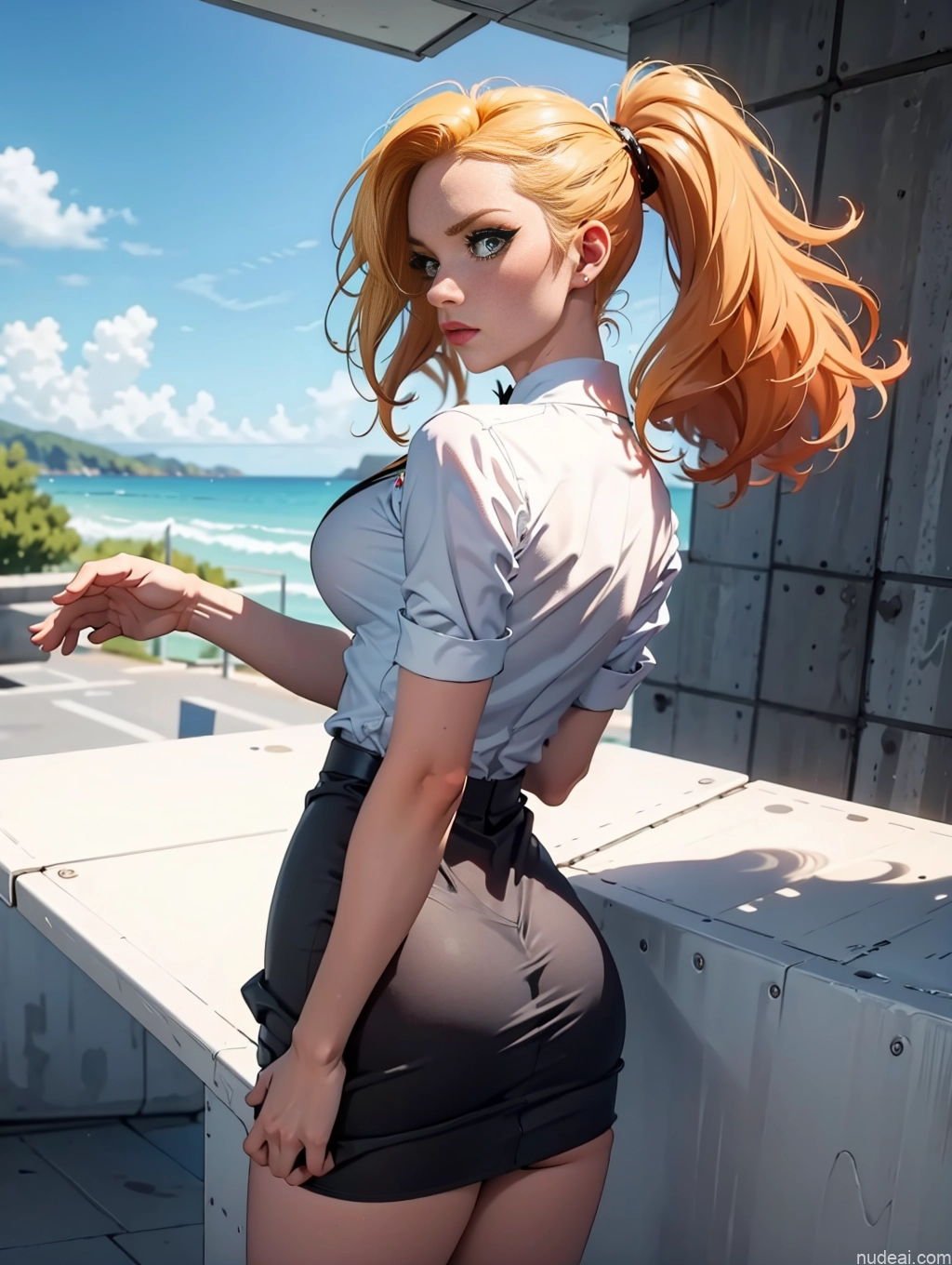 Bimbo FairArguementBut Perfect Boobs Beautiful Lipstick Big Hips Serious Crisp Anime Flight Attendant Skirt Tug Dress Tug Clothes Tug Back View