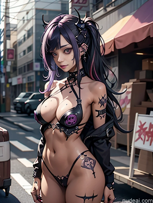 ai nude image of pics of Tanned Skin Oiled Body 30s Long Hair Perfect Boobs Cute Monster Busty Purple Hair Gothic Punk Girl