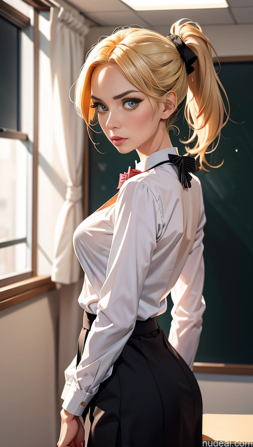 ai nude image of pics of One Milf Skinny Perfect Boobs Small Ass 20s Serious Shocked Blonde Ponytail White Soft Anime Back View Teacher Blouse Bow Tie Long Skirt Pantyhose