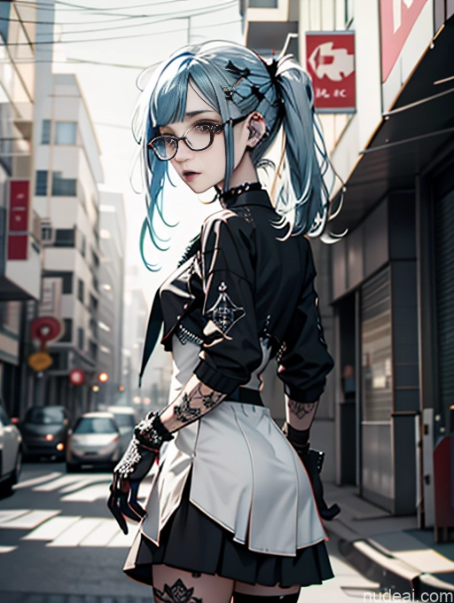 ai nude image of pics of Skinny Small Ass Small Tits Glasses Short Fairer Skin 20s Shocked Blue Hair Pigtails British High Socks Long Skirt Front View Gothic Punk Girl