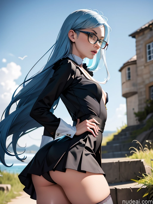 Skinny Small Ass Small Tits Glasses Short Fairer Skin 20s Shocked Blue Hair British Long Skirt Front View Playboy Bunny Woman Long Hair Witch Thigh Socks