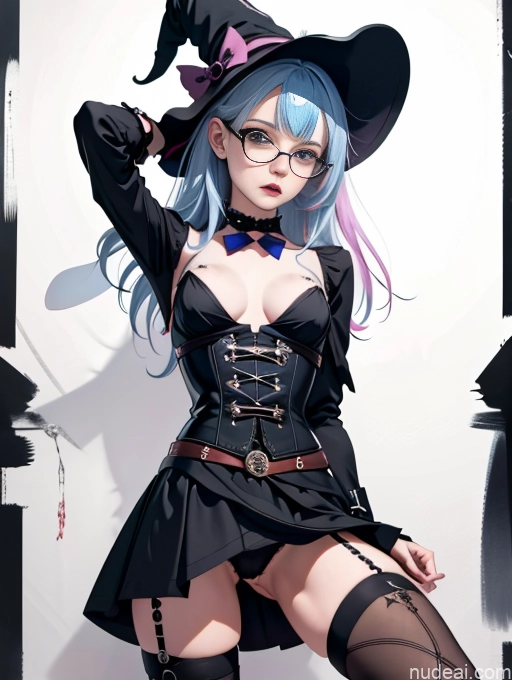 Skinny Small Ass Small Tits Glasses Short Fairer Skin 20s Shocked Blue Hair British Playboy Bunny Woman Long Hair Witch Thigh Socks Corset Close-up View Punk Skirt Bows Cowgirl Outfit