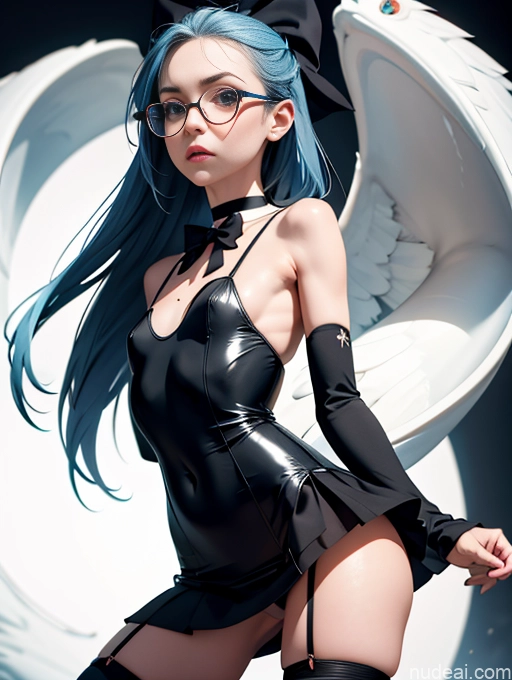 ai nude image of pics of Skinny Small Ass Small Tits Glasses Short Fairer Skin 20s Shocked Blue Hair Long Hair Thigh Socks Close-up View Bows Choker White Stockings Sundress