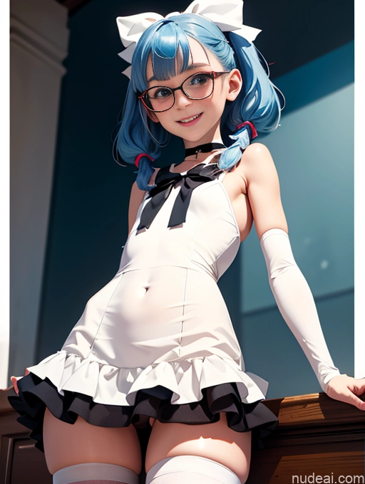 ai nude image of pics of Skinny Small Ass Small Tits Glasses Short Fairer Skin 20s Blue Hair Thigh Socks Close-up View Bows Choker White Stockings Sundress Happy Pigtails