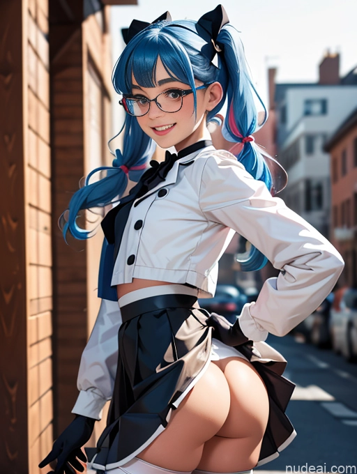 ai nude image of pics of Skinny Small Ass Small Tits Glasses Short Fairer Skin 20s Blue Hair Thigh Socks Close-up View Bows Choker White Stockings Happy Pigtails Gloves Jacket Long Skirt