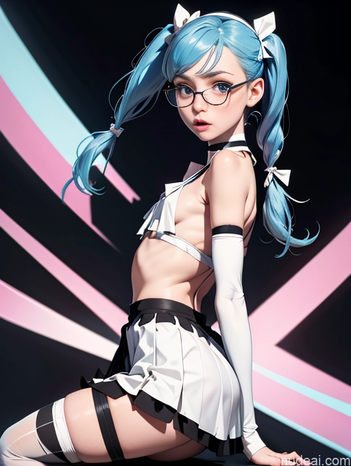 ai nude image of pics of Skinny Small Ass Small Tits Glasses Short Fairer Skin 20s Blue Hair Thigh Socks Close-up View Bows Choker White Stockings Pigtails Long Skirt Shirt Shocked