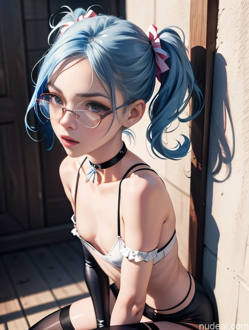 Skinny Small Ass Small Tits Glasses Short Fairer Skin 20s Blue Hair Thigh Socks Close-up View Bows Choker White Stockings Pigtails Shocked Cowgirl Outfit