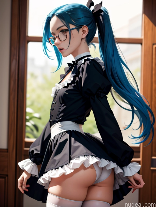 ai nude image of pics of Skinny Small Ass Small Tits Glasses Short Fairer Skin 20s Blue Hair Thigh Socks Close-up View Bows Choker White Stockings Pigtails Shocked Victorian Witch Long Skirt